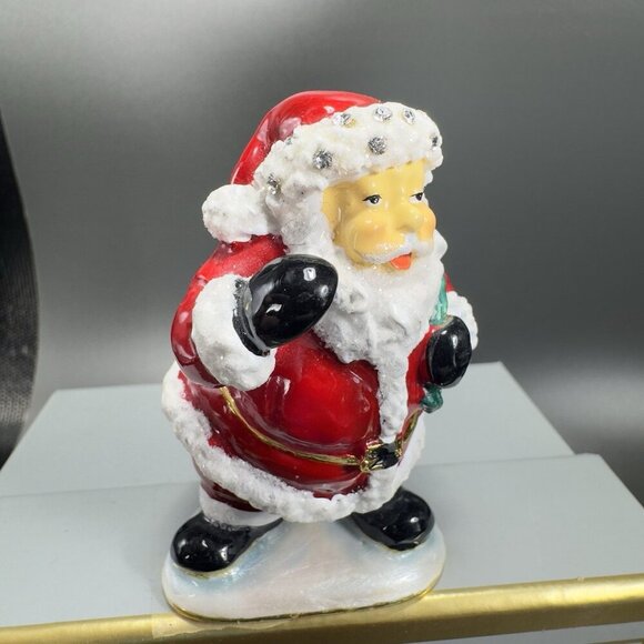 Santa Claus Christmas Enamel Over Metal Bejeweled Hinged Trinket Box Pill Box - Picture 10 of 13